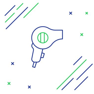 Beyaz arkaplanda çizgi saç kurutma ikonu izole edildi. Saç kurutma makinesi tabelası. Saç kurutma sembolü. Sıcak hava üflüyor. Renkli taslak konsepti. Vektör.