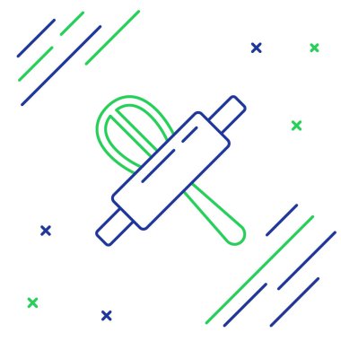 Line Kitchen çırpma ve merdane simgesi beyaz arkaplanda izole edildi. Mutfak aletleri, yumurta çırpıcı. Çatal bıçak seti. Yemek karışımı sembolü. Renkli taslak konsepti. Vektör.