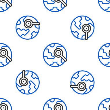 Küre simgesine sahip çizgi büyüteç beyaz arka planda izole edilmiş pürüzsüz desen. Dünyayı analiz ediyorum. Küresel arama işareti. Renkli taslak konsepti. Vektör.