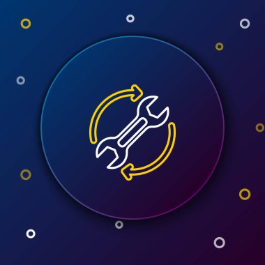 Çalışma akışı simgesi olarak çizgi anahtarı ve oklar mavi arkaplanda izole edildi. Ayarlama, servis, ayar, bakım, onarım, onarım. Renkli taslak konsepti. Vektör.