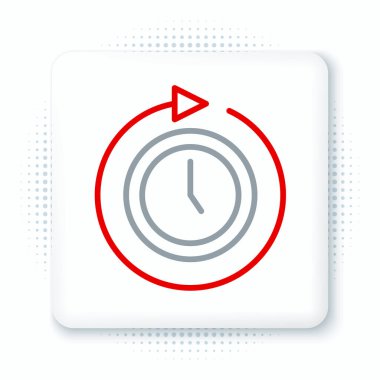 Beyaz arkaplanda ok simgesi olan çizgi saati izole edildi. Zaman sembolü. Saat yönünde döndürme simgesi ok ve zaman. Renkli taslak konsepti. Vektör.