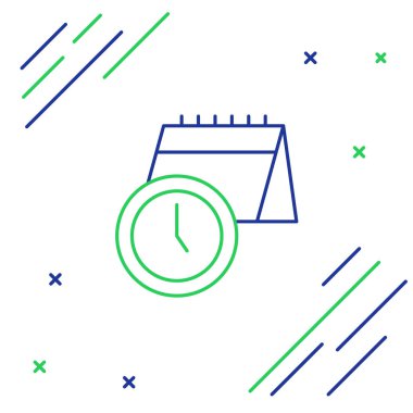 Çizgi takvimi ve saat simgesi beyaz arkaplanda izole edildi. Program, randevu, organizatör, zaman çizelgesi, zaman yönetimi. Renkli taslak konsepti. Vektör.