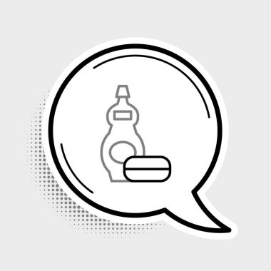 Bulaşık deterjanı, gri arka planda izole edilmiş. Bulaşık yıkamak için sıvı deterjan. Renkli taslak konsepti. Vektör.