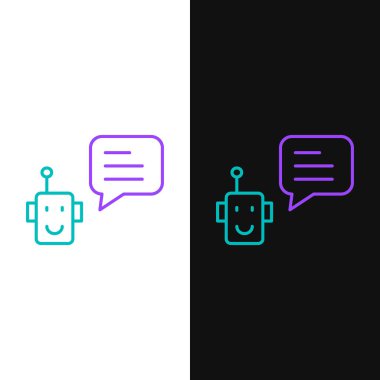 Çizgi robotu simgesi beyaz ve siyah arkaplanda izole edildi. Robot simgesi. Renkli taslak konsepti. Vektör.