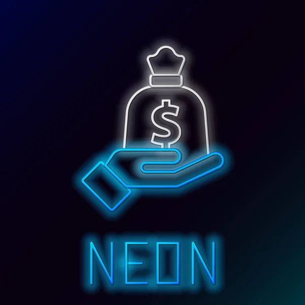 Glödande Neon Line Hand Hålla Pengar Väska Ikon Isolerad Svart — Stock vektor