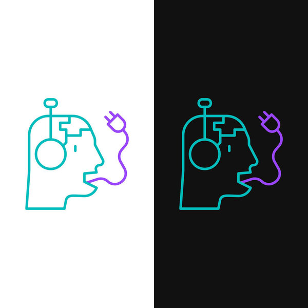 Иконка Line Robot зарядки аккумулятора выделена на белом и черном фоне. Искусственный интеллект, машинное обучение, облачные вычисления. Красочная концепция контура. Вектор.