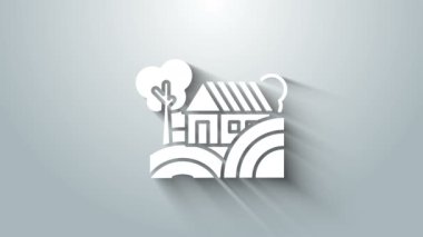 Beyaz Çiftlik Konsept simgesi gri arka planda izole edildi. Kırsal çiftlik manzarası. 4K Video hareketli grafik canlandırması