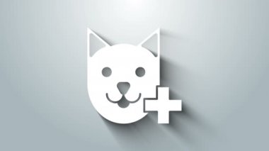 Beyaz Veterinerlik Kliniği sembolü gri arka planda izole edilmiş. Kedi veterinerliği ile karşılaştır. Evcil hayvan ilk yardım işareti. 4K Video hareketli grafik canlandırması