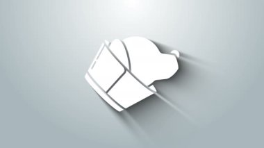 Beyaz Veterinerlik Kliniği sembolü gri arka planda izole edilmiş. Köpek veterineri bakımı. Evcil hayvan ilk yardım işareti. 4K Video hareketli grafik canlandırması