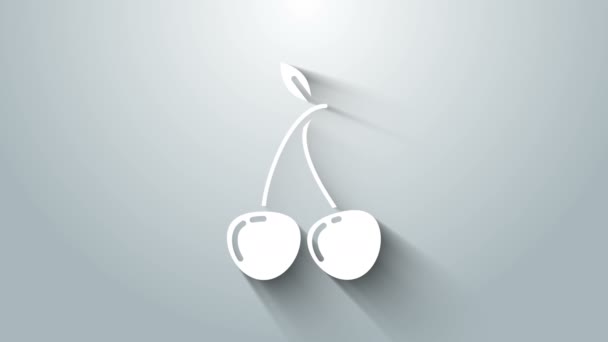 Icona in ciliegio bianco isolata su sfondo grigio. Frutta con simbolo di foglia. Animazione grafica 4K Video motion — Video Stock