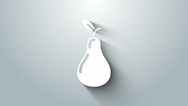 Ikon pir putih diisolasi pada latar belakang abu-abu. Buah dengan simbol daun. Animasi grafis gerak Video 4K — Stok Video