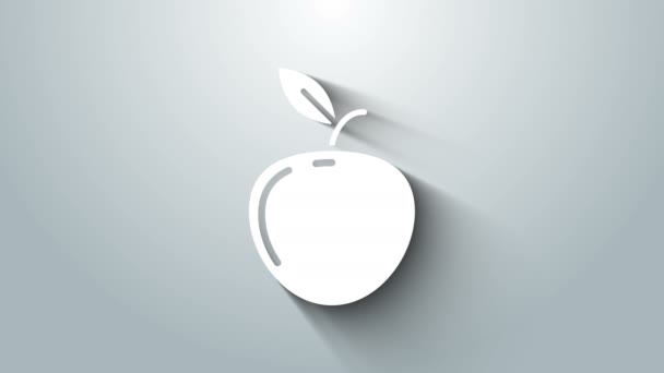 ไอคอนแอปเปิ้ลสีขาวถูกแยกจากพื้นหลังสีเทา ผลไม้ที่มีสัญลักษณ์ใบ 4K แอนิเมชั่นภาพเคลื่อนไหววิดีโอ — วีดีโอสต็อก