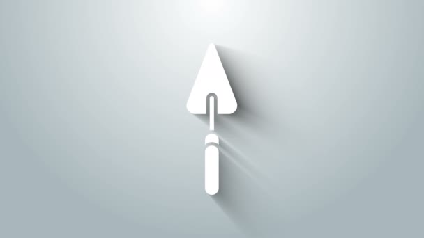 White Garden trowel spade 또는 shovel icon 은 회색 배경에 분리되어 있다. 정원가꾸기 도구. 원예, 농업, 농업을 위한 도구. 4K 비디오 모션 그래픽 애니메이션 — 비디오