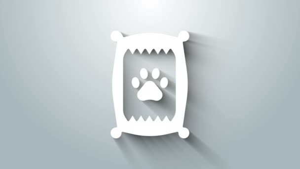 Fehér táska élelmiszer kutya ikon elszigetelt szürke háttér. Kutya- vagy macskamancs lenyomat. Állateledel. Állateledel csomag. 4K Videó mozgás grafikus animáció — Stock videók
