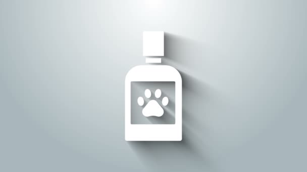 Icono de la botella de medicina White Dog aislado sobre fondo gris. Contenedor con pastillas. Medicina de prescripción para animales. Animación gráfica de vídeo 4K — Vídeo de stock