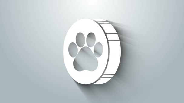 白色爪子打印图标孤立在灰色背景.狗爪或猫爪印。动物的踪迹4K视频运动图形动画 — 图库视频影像