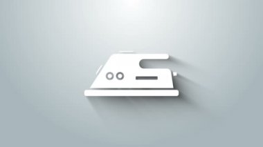 Gri arkaplanda beyaz elektrikli demir ikonu izole edildi. Buhar ütüsü. 4K Video hareketli grafik canlandırması