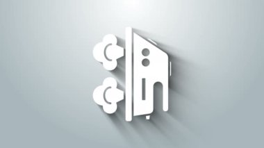 Gri arkaplanda beyaz elektrikli demir ikonu izole edildi. Buhar ütüsü. 4K Video hareketli grafik canlandırması
