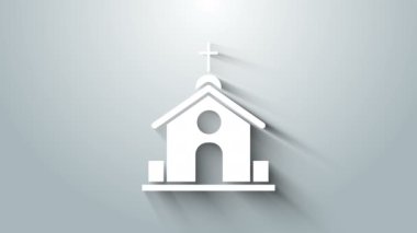 Beyaz Kilise binası simgesi gri arka planda izole edildi. Hıristiyan Kilisesi. Kilisenin dini. 4K Video hareketli grafik canlandırması