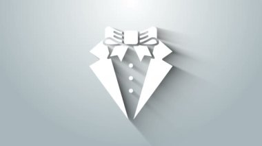 Beyaz Takım Elbise simgesi gri arkaplanda izole edildi. Smokin mi? Kravatlı gelinlik. 4K Video hareketli grafik canlandırması