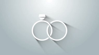 Beyaz alyans simgesi gri arkaplanda izole edilmiş. Gelin ve damat mücevher tabelası. Evlilik ikonu. Elmas yüzük ikonu. 4K Video hareketli grafik canlandırması