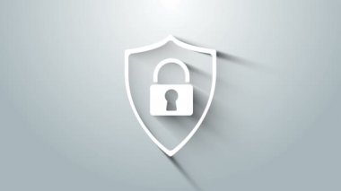 Gri arka planda kilit simgesi olan Beyaz Kalkan güvenliği. Koruma, güvenlik, şifre güvenliği. Güvenlik duvarı gizlilik levhası. 4K Video hareketli grafik canlandırması