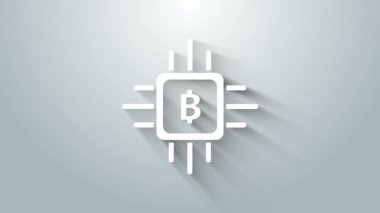 Gri arka planda beyaz CPU madencilik ikonu izole edildi. İşlemcinin içinde bitcoin işareti. Kripto para madenciliği topluluğu. Dijital para. 4K Video hareketli grafik canlandırması