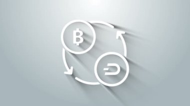 Gri arkaplanda beyaz kripto döviz simgesi izole edildi. Bitcoin 'den Dash takas simgesine. Kripto para teknolojisi, mobil bankacılık. 4K Video hareketli grafik canlandırması