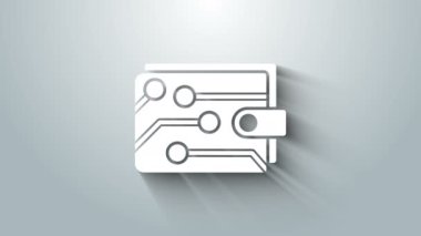 Gri arkaplanda beyaz kripto para birimi cüzdanı simgesi izole edildi. Cüzdan ve bitcoin işareti. Maden konsepti. Para, ödeme, nakit, ödeme ikonu. 4K Video hareketli grafik canlandırması