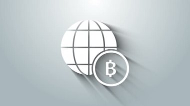 Beyaz Küre ve şifreli para birimi Bitcoin simgesi gri arka planda izole edildi. Madeni para. Engelleme zinciri tabanlı şifreli para birimi. 4K Video hareketli grafik canlandırması