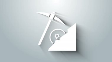 Beyaz Kripto para birimi bulut maden ikonu gri arka planda izole. Kazmalı bulut, bitcoin, dijital para piyasası, kripto para cüzdanı. 4K Video hareketli grafik canlandırması