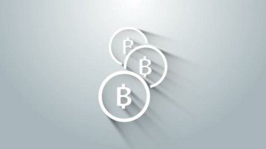Beyaz Kripto Para Parası Bitcoin simgesi gri arka planda izole edildi. Madeni para. Engelleme zinciri tabanlı şifreli para birimi. 4K Video hareketli grafik canlandırması