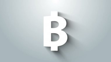 Beyaz Kripto Para Parası Bitcoin simgesi gri arka planda izole edildi. Madeni para. Engelleme zinciri tabanlı şifreli para birimi. 4K Video hareketli grafik canlandırması