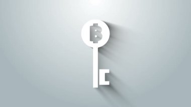 Beyaz Kripto Para Birimi Bitcoin anahtar simgesi gri arkaplanda izole edildi. Siber güvenlik kavramı ya da teknolojik arayüzü olan dijital anahtar. 4K Video hareketli grafik canlandırması