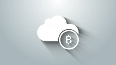 Beyaz Kripto para birimi bulut maden ikonu gri arka planda izole. Engelleme teknolojisi, bitcoin, dijital para piyasası, kripto para cüzdanı. 4K Video hareketli grafik canlandırması