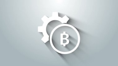 Beyaz Kripto Para Parası Bitcoin simgesi gri arka planda izole edildi. Vites ve Bitcoin ayarı. Engelleme zinciri tabanlı şifreli para birimi. 4K Video hareketli grafik canlandırması
