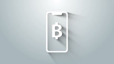 Gri arka planda beyaz telefon ve kripto para birimi simgesi izole edildi. Madeni para. Engelleme zinciri tabanlı şifreli para birimi. 4K Video hareketli grafik canlandırması