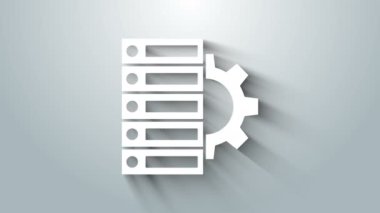 Gri arkaplanda beyaz sunucu ve dişli simgesi izole edildi. Uygulama, servis konsepti, ayar seçenekleri, bakım, onarım, onarım. 4K Video hareketli grafik canlandırması