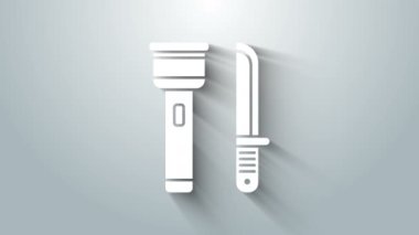 Gri arkaplanda beyaz el feneri ve bıçak ikonu var. 4K Video hareketli grafik canlandırması