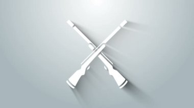 Beyaz İki çapraz silah ikonu gri arka planda izole edildi. Avcı silahı. 4K Video hareketli grafik canlandırması