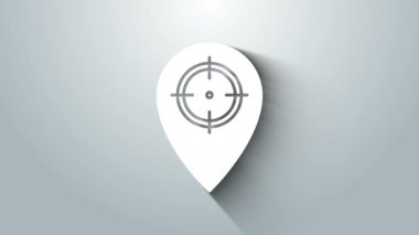 Beyaz Av yeri simgesi gri arkaplanda izole edildi. Navigasyon, işaret, konum, harita, GPS, yön, yer, pusula, temas, arama. 4K Video hareketli grafik canlandırması