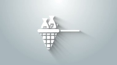 Gri arka planda balık ikonu olan beyaz balık ağı. 4K Video hareketli grafik canlandırması