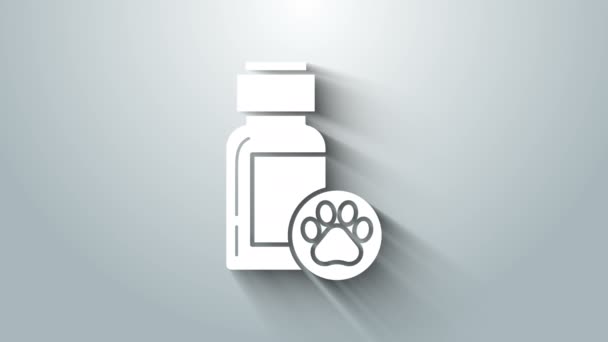 Witte Hond medicijn fles pictogram geïsoleerd op grijze achtergrond. Container met pillen. Voorgeschreven medicijnen voor dieren. 4K Video motion grafische animatie — Stockvideo