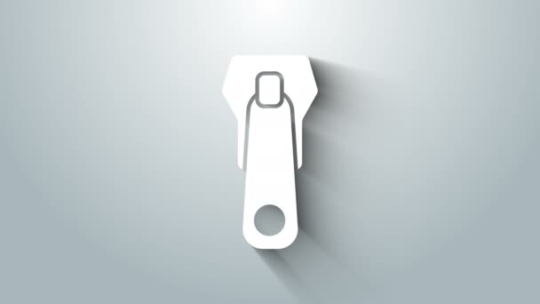Icono de cremallera blanca aislado sobre fondo gris. Animación gráfica de vídeo 4K — Vídeo de stock