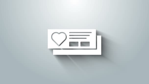Tiket putih dengan ikon jantung terisolasi pada latar belakang abu-abu. Boarding pass dengan hati. Animasi grafis gerak Video 4K — Stok Video