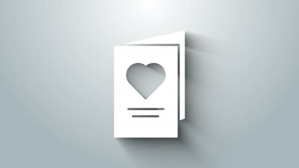 Volante de fiesta de San Valentín blanco con icono del corazón aislado sobre fondo gris. Plantilla de cartel de celebración para invitación o tarjeta de felicitación. Animación gráfica de vídeo 4K — Vídeos de Stock
