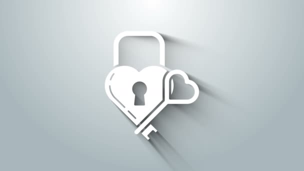 White Castle berbentuk hati dan ikon kunci terisolasi di latar belakang abu-abu. Terkunci Jantung. Simbol cinta dan tanda lubang kunci. Animasi grafis gerak Video 4K — Stok Video