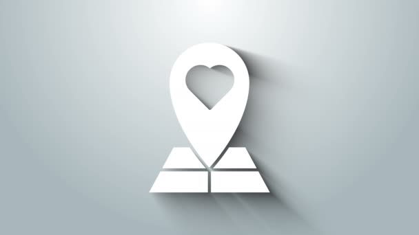 Biały wskaźnik mapy z ikoną serca na szarym tle. Walentynki. Miejsce miłości. Romantyczny znaczek na mapie. 4K Animacja graficzna ruchu wideo — Wideo stockowe