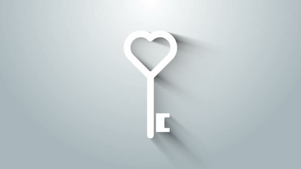 Білий ключ у формі серця ізольований на сірому фоні. 4K Відеографічна анімація — стокове відео