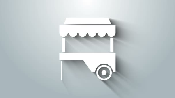 White Fast street food cart med markis isolerad på grå bakgrund. Urbana kiosker. 4K Video motion grafisk animation — Stockvideo